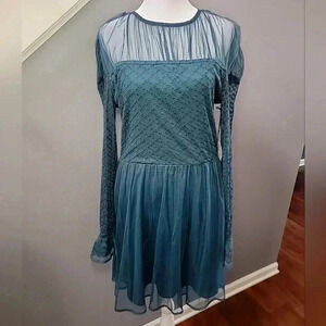 Tularosa Revolve Long-Sleeved Teal Georgette Mini Dress Size Med Romatic Mini